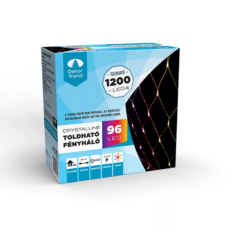 Crystalline toldhat� LED f�nyh�l�, 200 x 100 cm, 96 db MULTI LED, �tl�tsz� k�bel, K�l- �s belt�ri